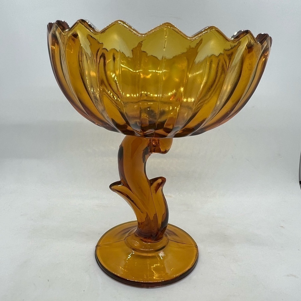 Vintage Indiana Glass Amber Lotus Blossom Pedestal Bowl - Picture 4 of 5